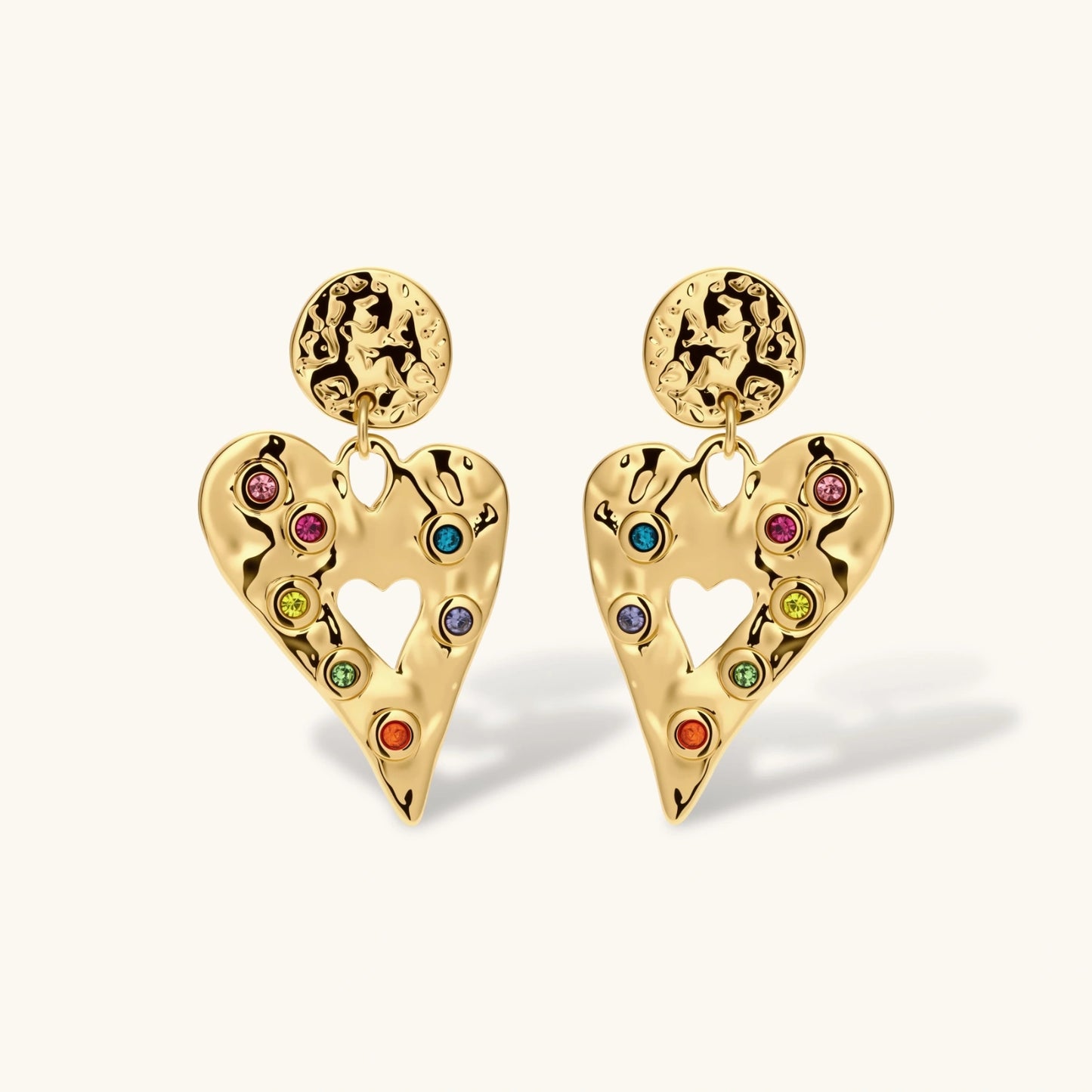 Gold hammered heart drop earrings with rainbow cubic zirconia stones and textured coin stud, 18K gold plated stainless steel.