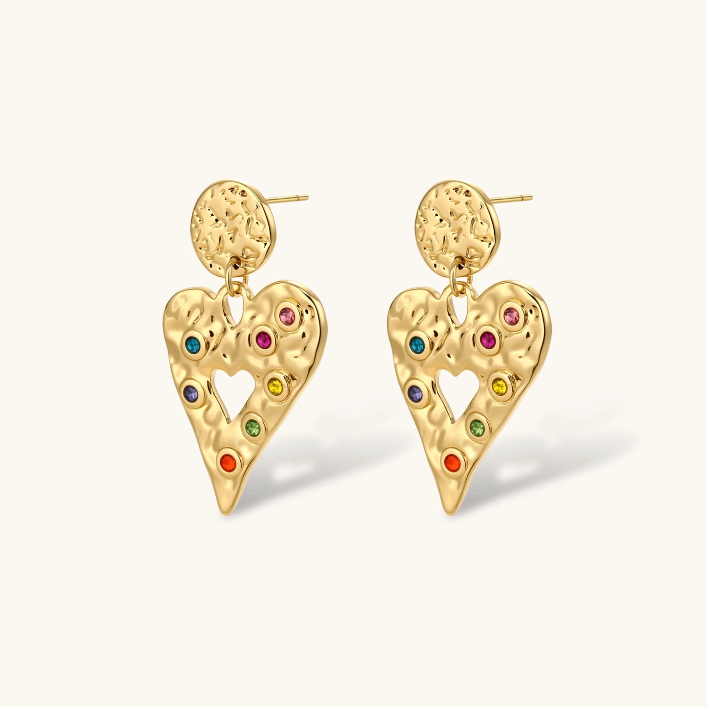 Gold hammered heart drop earrings with rainbow cubic zirconia stones and textured coin stud, 18K gold plated stainless steel.