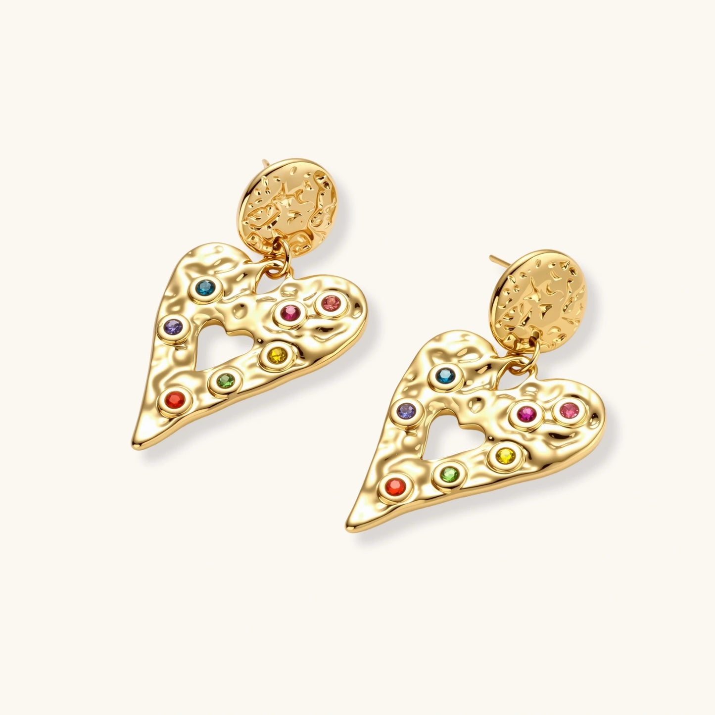 Gold hammered heart drop earrings with rainbow cubic zirconia stones and textured coin stud, 18K gold plated stainless steel.